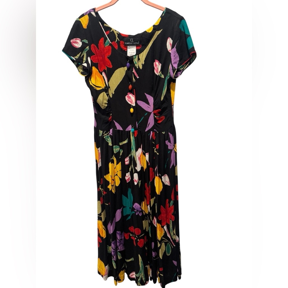CAROLE LITTLE Vintage 90s Floral Faux Button-Front Floral Midi Dress